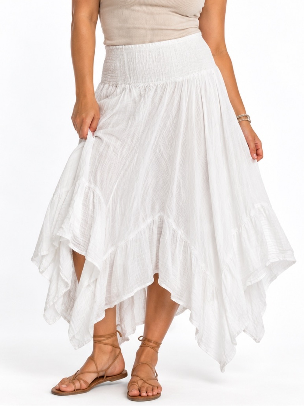 Natural Life White Handkerchief Maxi Skirt Gauze Cotton Smocked Boho Long Large